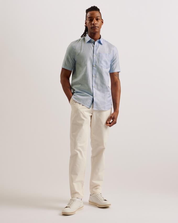 Chemises Ted Baker Short Sleeve Linen Cotton Bleu Homme | YHO-59761731